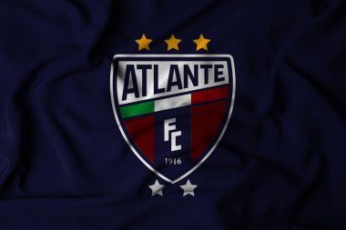 Pringsewu, Lampung; 12 Ağustos 2025; Meksika ikinci ligi futbol ligindeki CF Atlante futbol takımının logosunu sembolize eden bir bayrak..