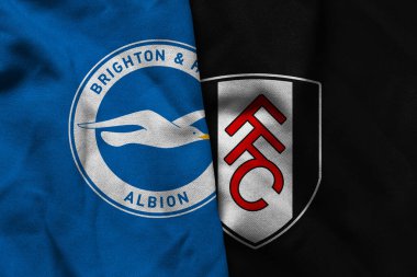 Pringsewu, Lampung; 15 Ağustos 2025; Fulham ve Premier League takımlarına karşı Brighton futbol kulübü logosu tekstil bayrağı