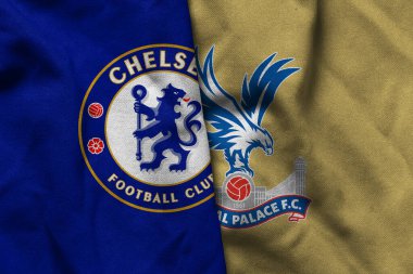 Pringsewu, Lampung; 15 Ağustos 2025; Chelsea futbol kulübü logosu Kristal Saray ve Premier Lig takımına karşı tekstil bayrağı