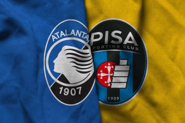Pringsewu, Lampung, 26 Ağustos 2025; İtalyan Serie A futbol kulübü Atalanta 'nın logosu ve Pisa' ya karşı el sallayan bir bez.