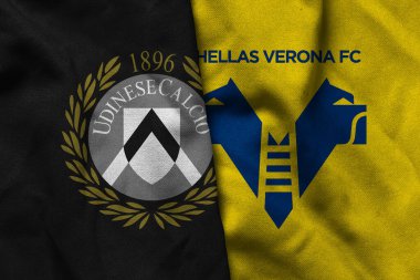Pringsewu, Lampung, 26 Ağustos 2025; İtalyan Serie A futbol kulübü Udinese Calcio 'nun logosu Hellas Verona' ya karşı el sallayan kumaşla