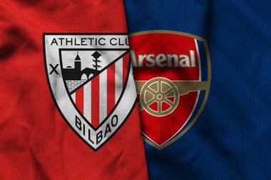 Pringsewu, Lampung; 31 Ağustos 2025; Athletic Bilbao futbol kulübü logosu kumaş dalgalı Arsenal Şampiyonlar Ligi maçı