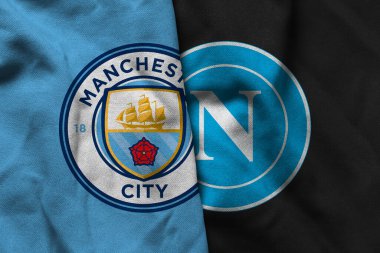 Pringsewu, Lampung; 31 Ağustos 2025; Manchester City futbol kulübü logosu kumaş dalgalı Napoli maçı Şampiyonlar Ligi maçı