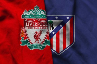 Pringsewu, Lampung; 31 Ağustos 2025; Liverpool futbol kulübü logosu kumaş dalgalı Atletico Madrid Şampiyonlar Ligi maçı