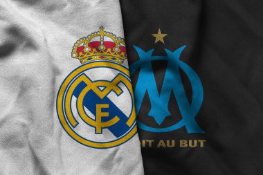 Pringsewu, Lampung; 31 Ağustos 2025; Real Madrid futbol kulübü logosu kumaş dalgalı Marsilya Şampiyonlar Ligi maçı