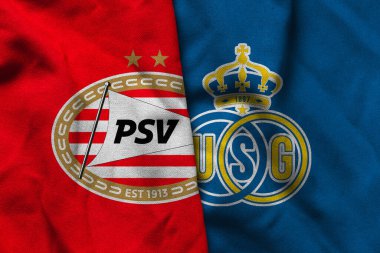 Pringsewu, Lampung; 31 Ağustos 2025; PSV futbol kulübü logosu kumaş dalgalı Union Saint Gilloise Şampiyonlar Ligi maçı