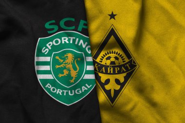 Pringsewu, Lampung; 31 Ağustos 2025; Sporting Lisbon futbol kulübü logosu kumaş dalgalı Kairat Şampiyonlar Ligi maçı