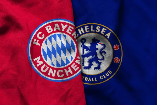 Pringsewu, Lampung; 31 Ağustos 2025; Bayern Münih futbol kulübü logosu kumaş dalgalı Chelsea Şampiyonlar Ligi maçı