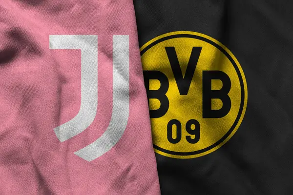 Pringsewu, Lampung; 31 Ağustos 2025; Juventus futbol kulübü logosu kumaş dalgalı Borusia Dortmund Şampiyonlar Ligi karşılaşması