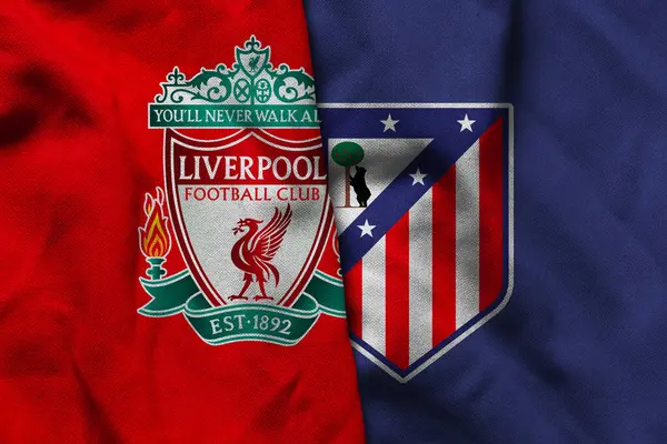 Pringsewu, Lampung; 31 Ağustos 2025; Liverpool futbol kulübü logosu kumaş dalgalı Atletico Madrid Şampiyonlar Ligi maçı