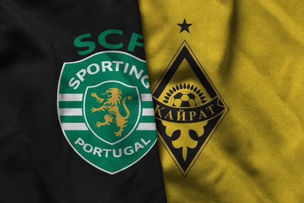 Pringsewu, Lampung; 31 Ağustos 2025; Sporting Lisbon futbol kulübü logosu kumaş dalgalı Kairat Şampiyonlar Ligi maçı