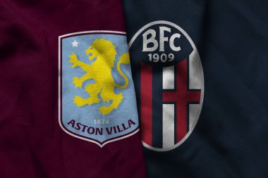 Pringsewu, Lampung; 2 Eylül 2025; Aston Villa futbol kulübü logosu kıvrımlı kumaş Bologna Uefa Avrupa Ligi maçı