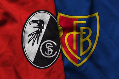 Pringsewu, Lampung; 2 Eylül 2025; SC Freiburg futbol kulübü logosu kıvrımlı kumaş Basel Uefa Avrupa Ligi maçı