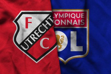 Pringsewu, Lampung; 2 Eylül 2025; Ultrecht futbol kulübü logosu kıvrımlı kumaş kumaş, Olympique Lyonnais Avrupa Ligi Uefa Maçı