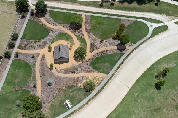 Aerial Drone View Backyard Garden Circle Path Green Grass Lawn — Stock Photo, Image