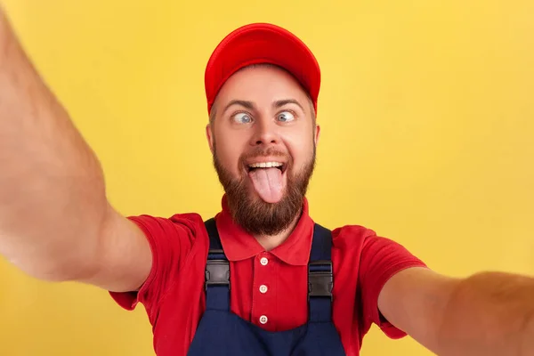Funny Handyman Wearing Blue Uniform Taking Selfie Looking Camera Crossed — Stock Photo, Image