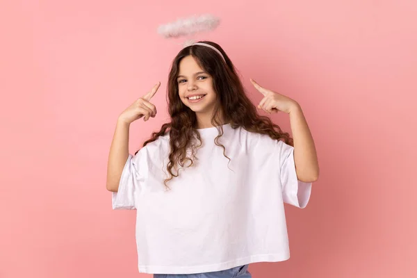 Portrait Cute Little Girl Wearing White Shirt Pointing Holy Nimbus — Stock Photo, Image