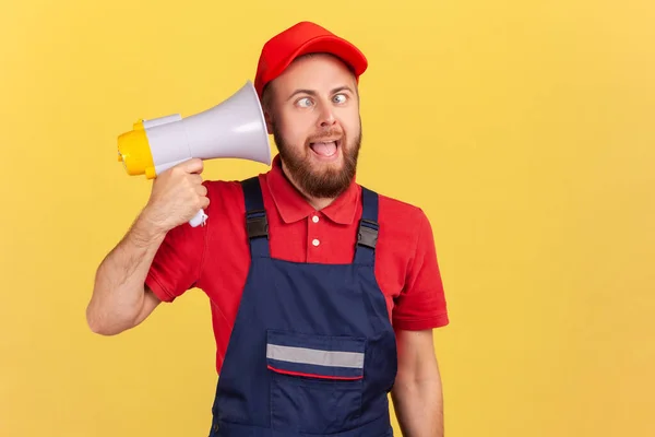Portrait Funny Crazy Childish Worker Man Holding Megaphone Head Frowning — Stock Photo, Image