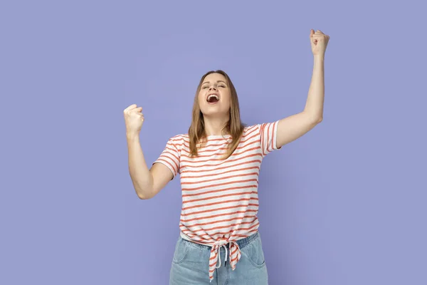 Portrait Blond Woman Wearing Striped Shirt Showing Yes Gesture Screaming — Stock Photo, Image