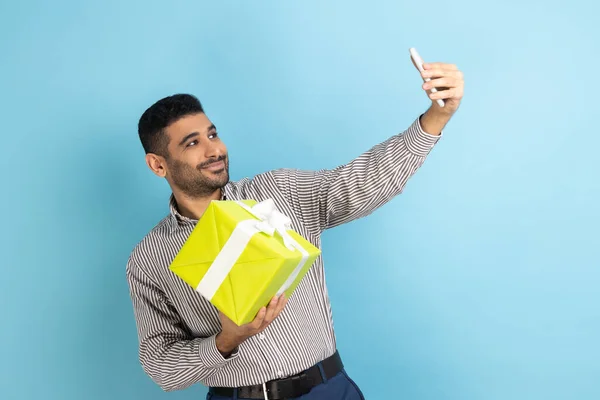 Portrait Positive Bearded Businessman Making Selfie Recording Video Famous Blogger — Stock Photo, Image