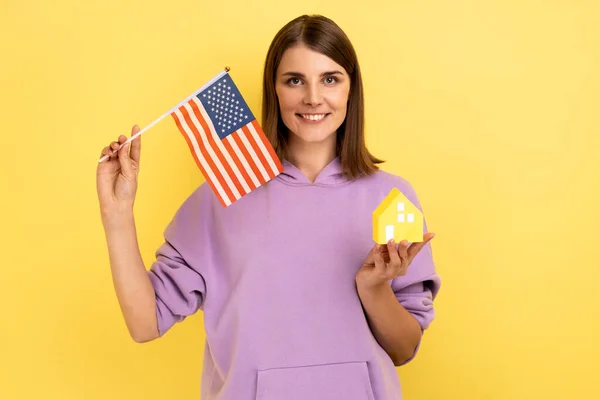 Real Estate Purchase America Immigration Portrait Happy Woman Holding American — Stock Photo, Image