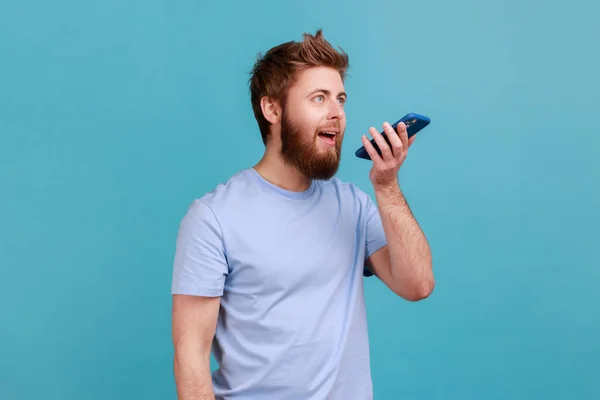 Portrait Positive Optimistic Bearded Man Recording Voice Message Talking Online — Stock Photo, Image