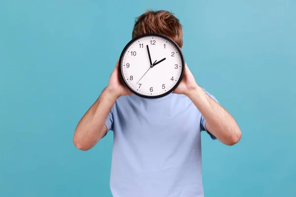 Portrait Unknown Anonymous Man Holding Big Wall Clock Hiding His — Stock Photo, Image