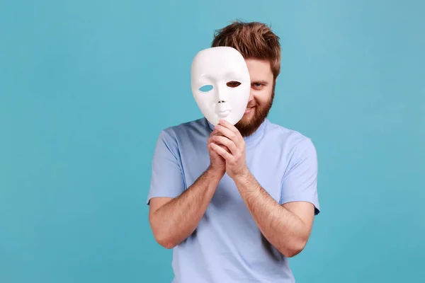 Portrait Positive Bearded Man Removing White Mask Face Showing His — Stock Photo, Image