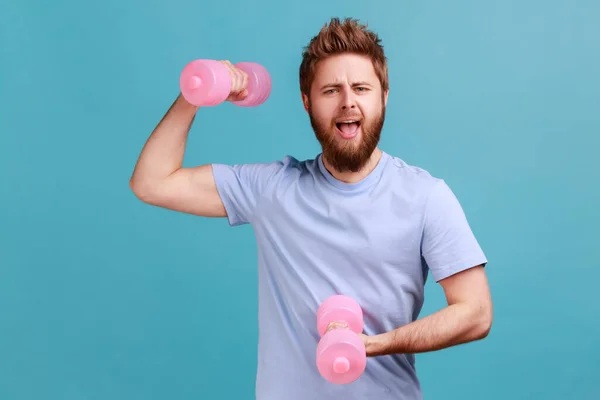 Portrait Excited Handsome Bearded Man Holding Pink Dumbbells Looking Camera — Stock Photo, Image