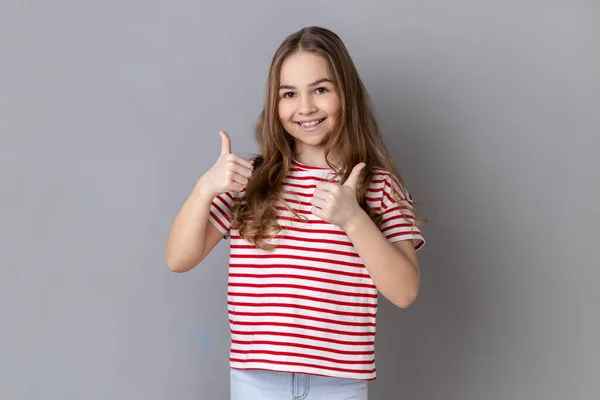 Little Girl Wearing Striped Shirt Looking Camera Toothy Smile Showing — Stock Photo, Image