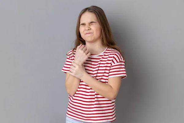 Portrait Sick Little Girl Wearing Striped Shirt Standing Grimace Pain — Stock Photo, Image