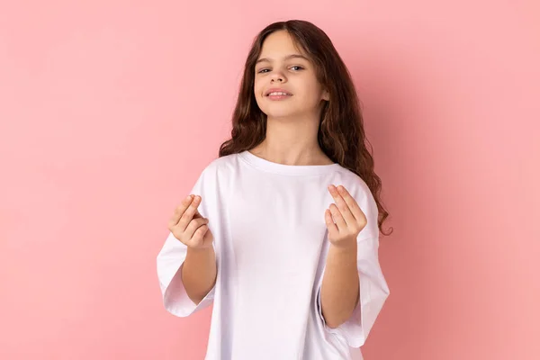 Portrait Proud Confident Little Girl Wearing White Shirt Smiling Showing — Stock Photo, Image