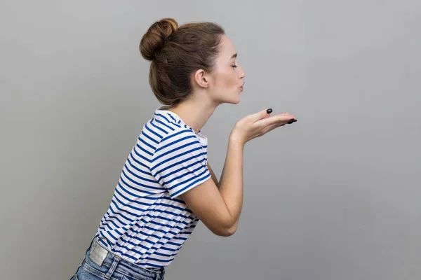 Side View Charming Amorous Woman Striped Shirt Giving Air Kiss — Stok fotoğraf
