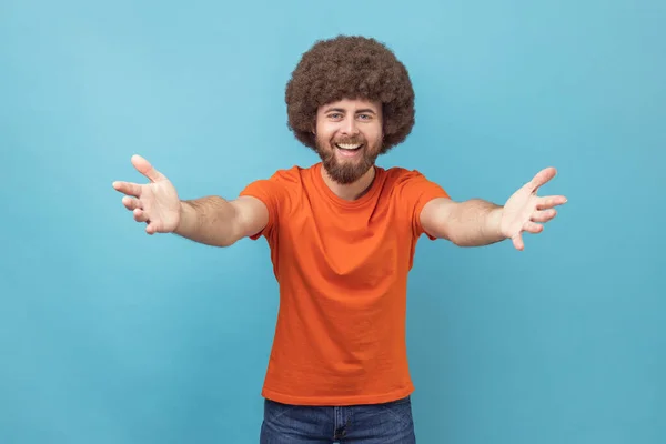 Come Arms Portrait Satisfied Man Afro Hairstyle Wearing Orange Shirt — Stock Photo, Image
