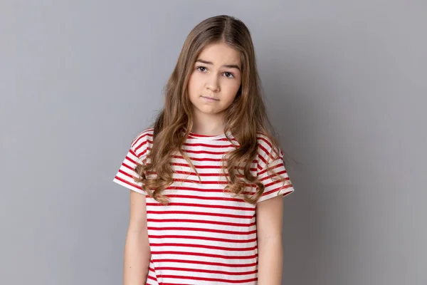 Portrait Unhappy Little Girl Wearing Striped Shirt Being Upset Bad — Stock Photo, Image