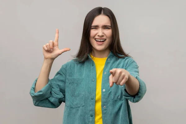 Disrespectful Rude Young Woman Showing Loser Gesture Pointing You Abuser — Stockfoto