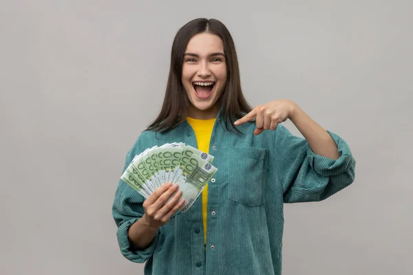 Delighted Woman Being Happy Hold Big Money Pointing Euro Bills — Stock Photo, Image
