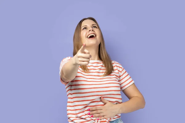 You Ridiculous Portrait Woman Wearing Striped Shirt Pointing Fingers Camera — Stockfoto