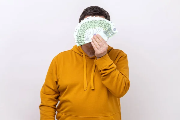 Unknown Man Hiding Face Fan Hundred Euro Bills Big Winning — Zdjęcie stockowe