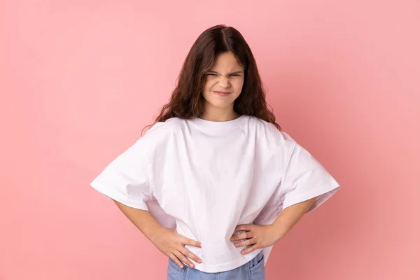 Angry Aggressive Little Girl Wearing White Shirt Standing Hands Hips — Foto Stock