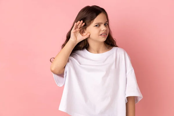 Portrait Curious Little Girl Wearing White Shirt Holding Hand Ear — Stock Photo, Image