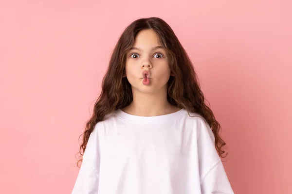 Portrait Excited Funny Little Girl Making Fish Face Lips Big — Stock Photo, Image