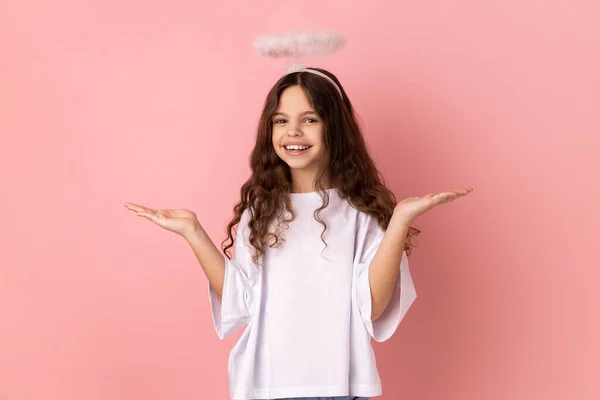 Portrait Smiling Little Girl Wearing White Shirt Halo Head Standing — Stockfoto
