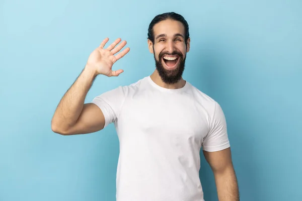 Portrait Positive Man Beard Wearing White Shirt Standing Raised Palm — Stockfoto
