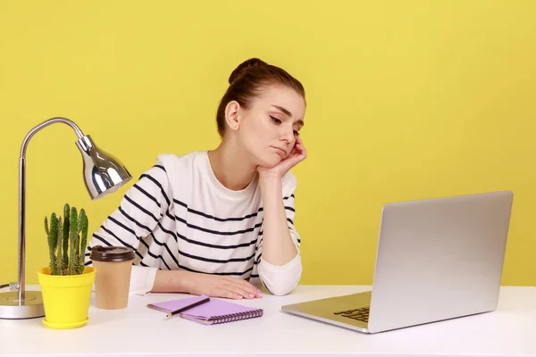 Bored Tired Woman Manager Sitting Workplace Looking Laptop Screen Leaning — 图库照片