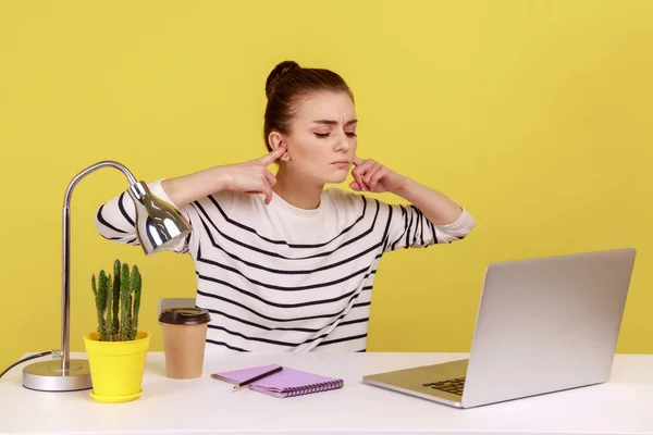 Don Want Listen Anymore Irritated Woman Sitting Workplace Laptop Covering — Stok fotoğraf