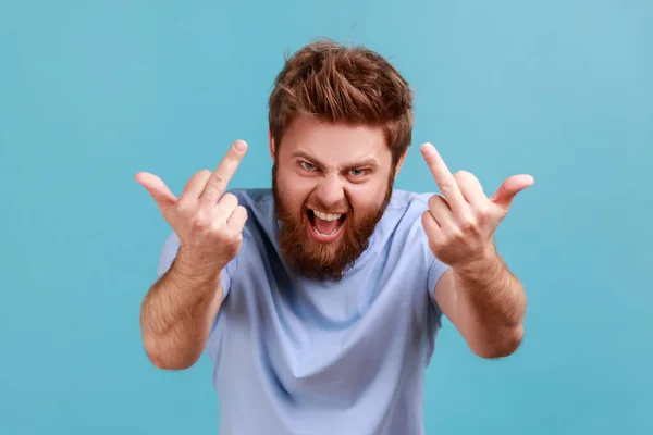 Portrait Furious Aggressive Handsome Bearded Man Showing Middle Fingers Impolite — Stok fotoğraf