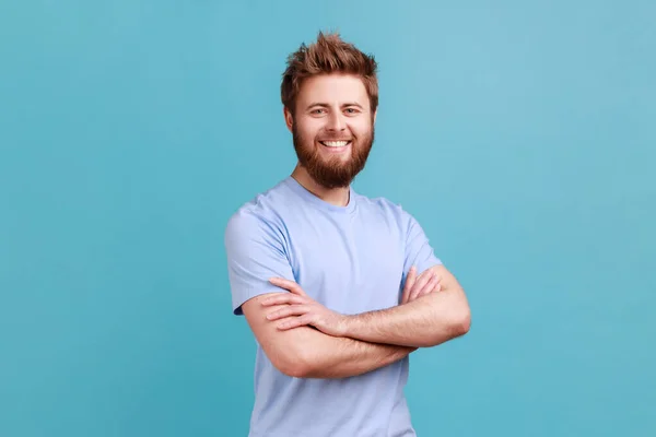Portrait Satisfied Happy Bearded Man Standing Crossed Arms Looking Camera — Stock Photo, Image