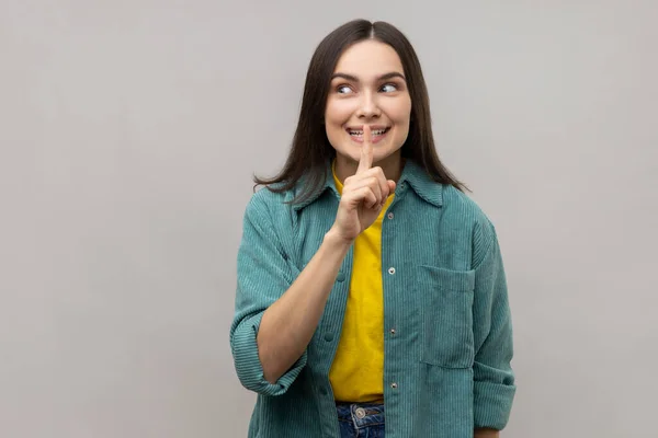 Positive Woman Shushing Silence Gesture Holding Finger Lips Smiling Camera — Stockfoto