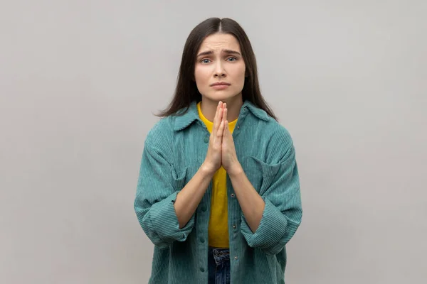 Please Begging Desperate Woman Keeping Arms Prayer Gesture Asking Forgiveness — Zdjęcie stockowe